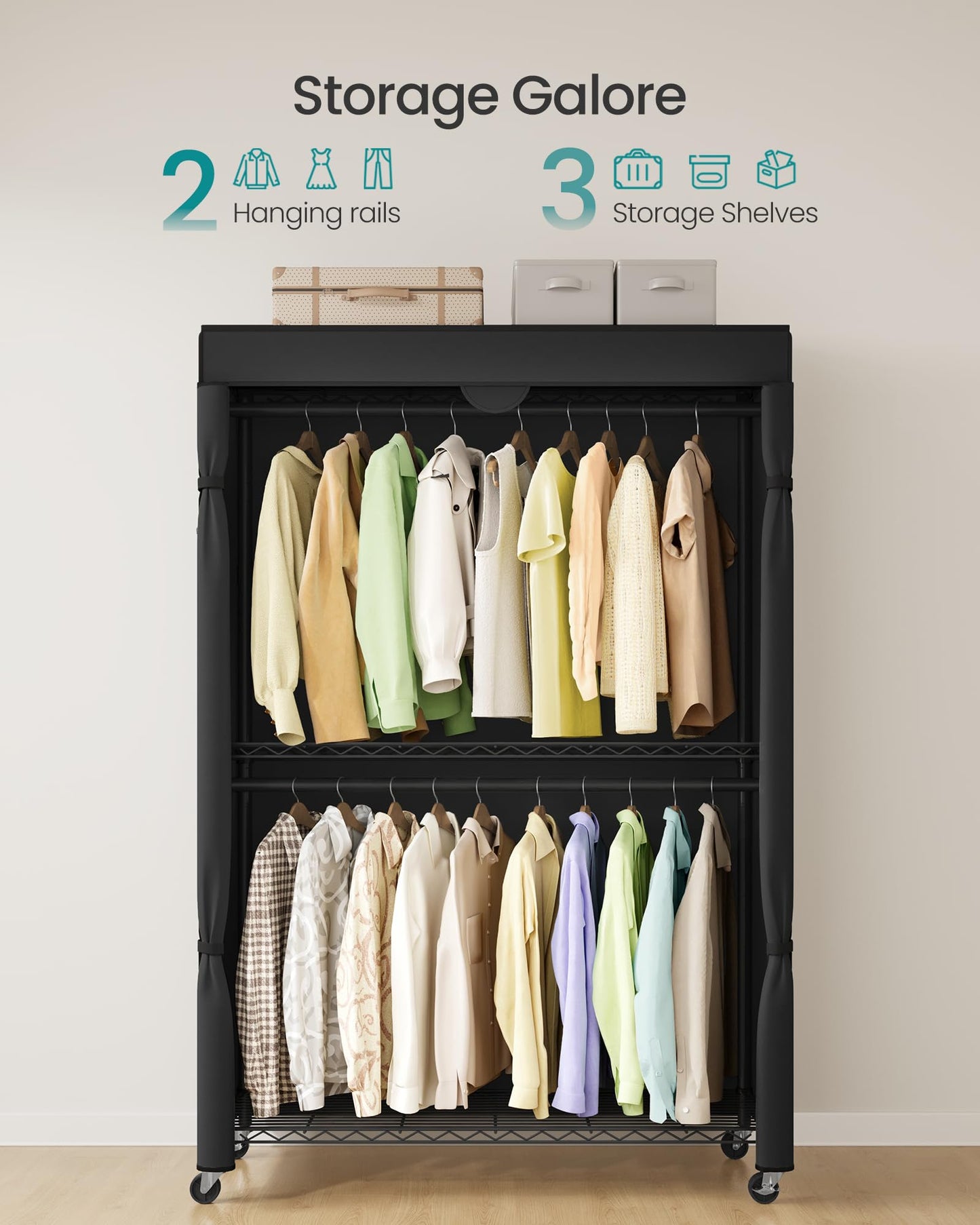 SONGMICS Heavy-Duty Rolling Clothes Rack, Garment Rack, Portable Closet, 43.3-Inch Wide Clothing Rack on Wheels, with Adjustable Mesh Shelves and Hanging Rails, Fabric Cover, Ink Black ULGR415B01
