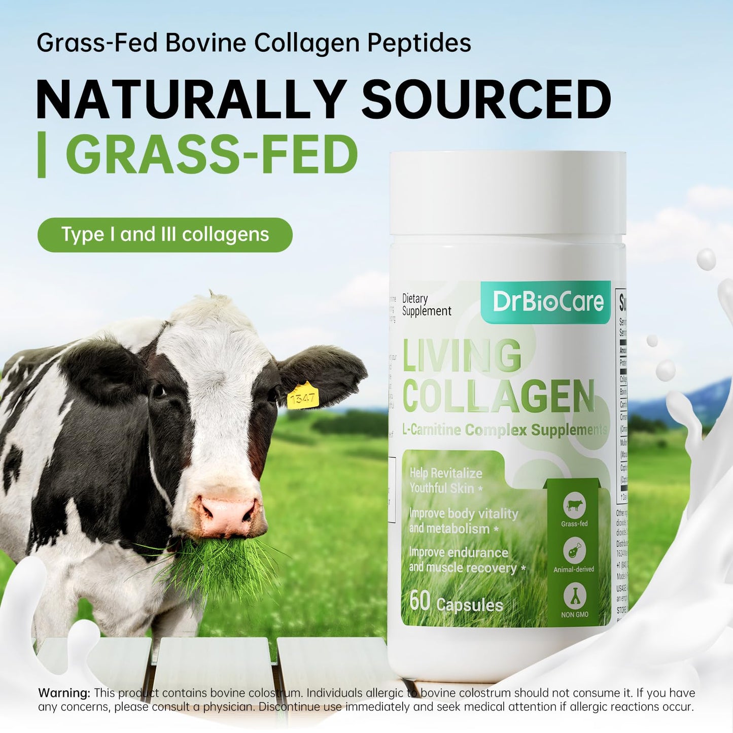 DrBioCare Living Collagen L-Carnitine Complex Supplement, Grass Fed Bovine Collagen Peptides,Bovine Colostrum,Cinnamon Extract,Mulberry Leaf Extract, Non-GMO, 60 Capsules