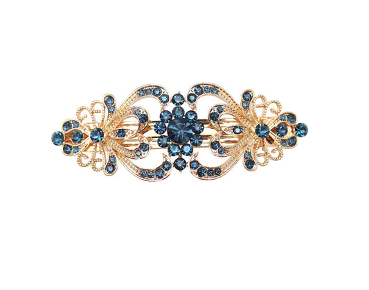 Faship Gorgeous Navy Blue Rhinestone Crystal Hearts And Floral Hair Barrette