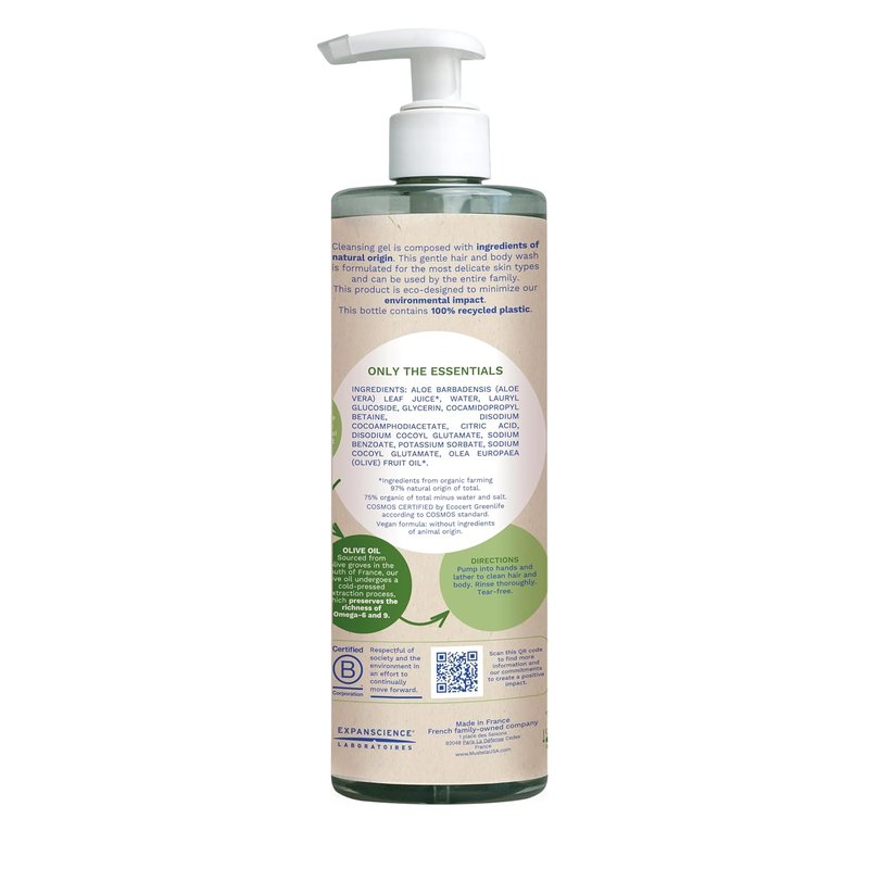 Mustela Organic Cleansing Gel | Natural Hair & Body Wash with Olive Oil & Aloe Vera - Fragrance-Free, Tear-Free, Vegan - 13.52 fl. oz.