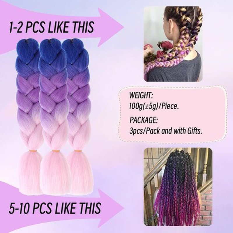 Jumbo Braiding Hair Fiber Mix Four Silky Colorful Twist Braiding Hair 3pcs Rainbow Colors Extensions Synthetic Hair Lake-Blue-Light Purple-Pink Synthetic Fiber Soft Healthy (24 Inch 3pcs)