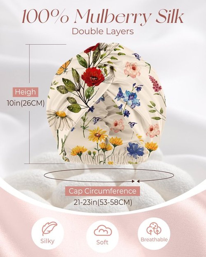 Miss Adola Silk Bonnet for Women - Mulberry Silk Sleep Cap for Hair Care with Eye Mask & Scrunchie 19 Momme Night Cap Sleeping Set with Elastic Stay On Head, Retro Flower