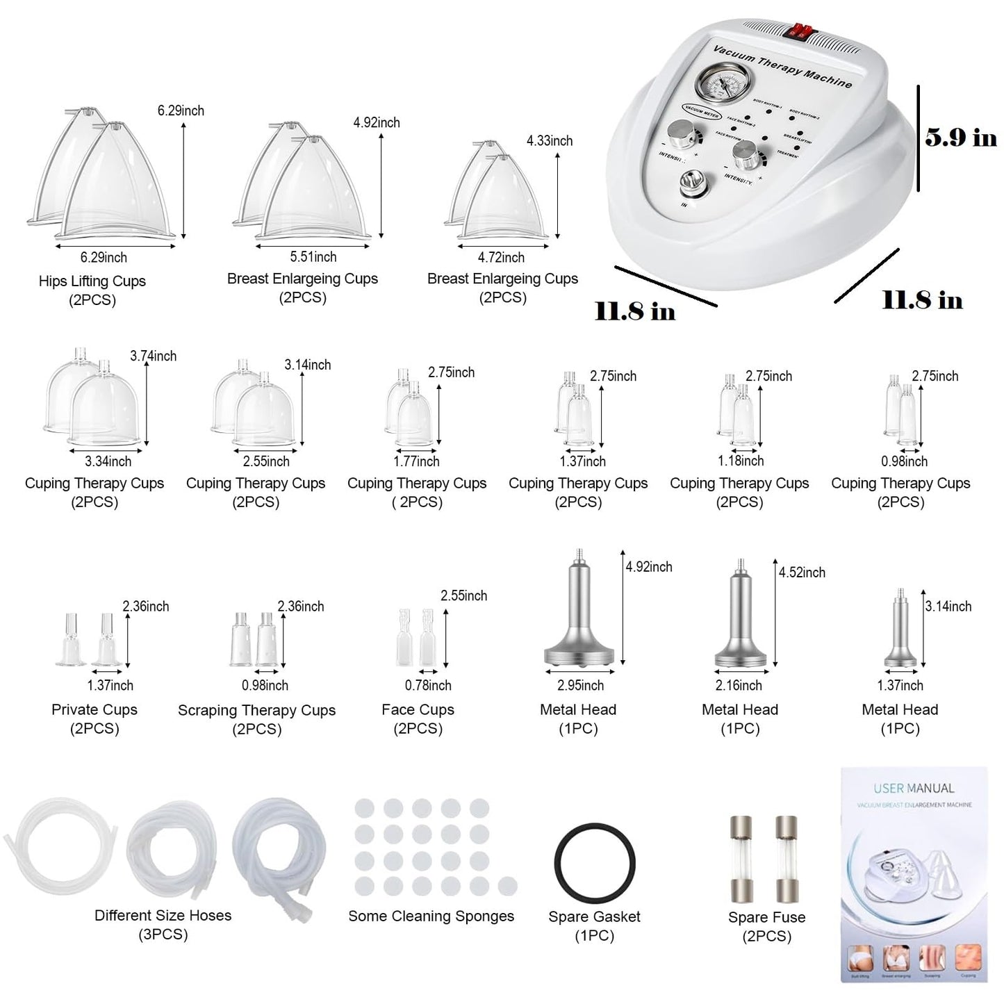 SHZICMY Body Massage Cupping Machine Vacuum Therapy Massage Body Shaping Skin Rejuvenation Machine with 24 Cups and 3 Heads for Salon SPA, Back, Face