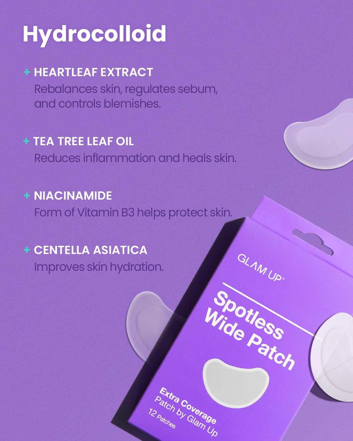 GLAM UP Spotless Patch - Hydrocolloid Spot Patch for Wide Acne area, Cheek, Body, Blackhead Cruelty Free and Vegan Friendly (12 Count)
