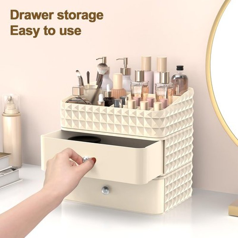 Rosoenvi Makeup Organizer for Vanity, Stackable Cosmetics Organizer and Storage, Cosmetic Display Cases with 2 Drawers and 1 Tray for Makeup Brush, Hair Accessories, Lipstick and Jewelry, Beige