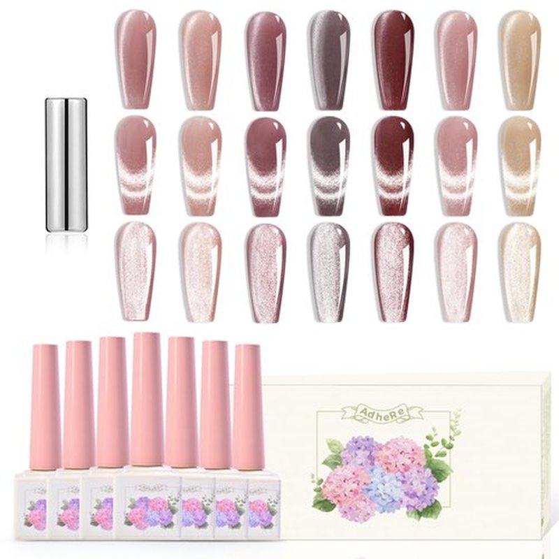 ADHERE 7 Colors Cat Eye Gel Nail Polish, 12ml Upgraded Magnetic Gel Polish Kit with Magnet Stick,Magnetic Gel Polish Soak Off Nude Manicure Nail Salon