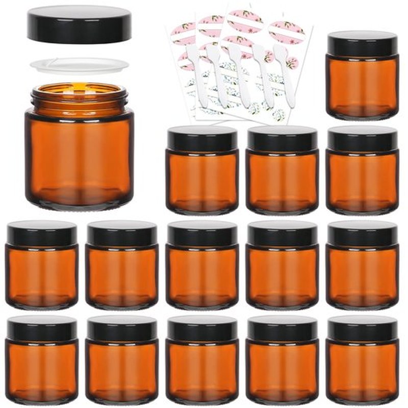 Keketin 4 oz Amber Glass Jars,15 Pack Empty Cosmetic Containers with Inner Liners and Black Lids,Refillable Round Cream Jars for Lotion,Bath Salts,Travel