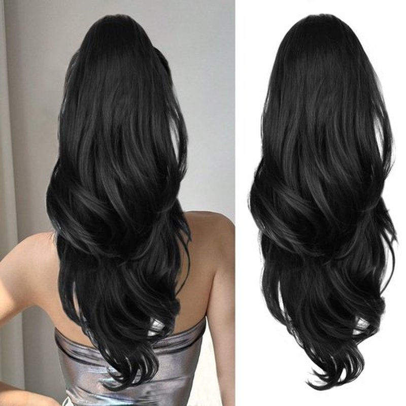 CHRSHN Ponytail Extension, Drawstring Ponytail Extension for Women Long Black Wavy Pony Tails Hair Extensions Synthetic Clip in Ponytail Hairpiece for Women (23 Inch)