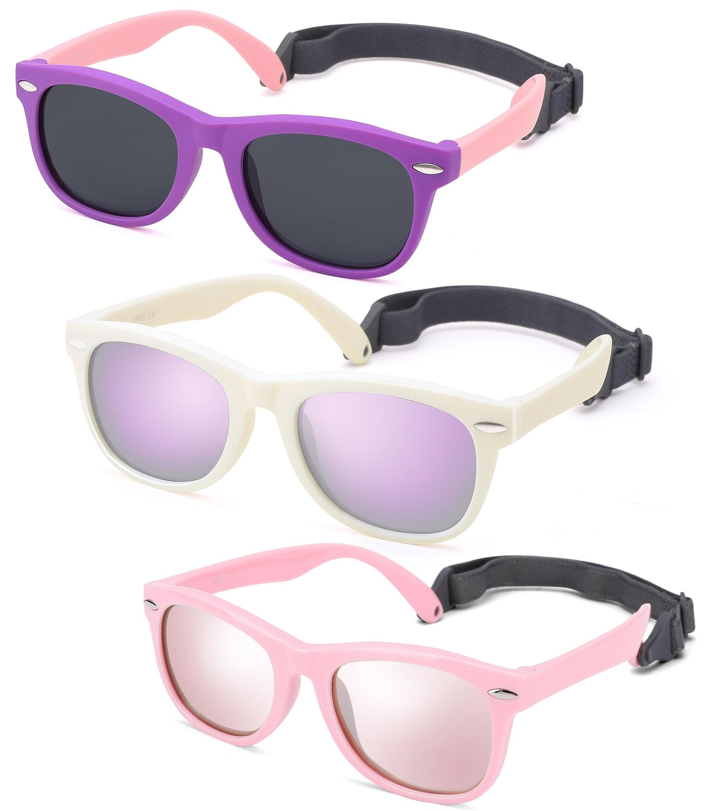 NULOOQ Polarized Baby Sunglasses with Strap - Unbreakable Flexible Infant Sunglasses for Toddlers Age 0-24 Months (Purple Pink/Gray + Pink/Pink + White/Purple) - 3 Pack