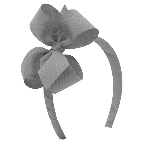 Wee Ones Girls' Classic Grosgrain Hair Bow on a Wrapped Headband, Stylish For All Hair Types, Medium Bow, Gray