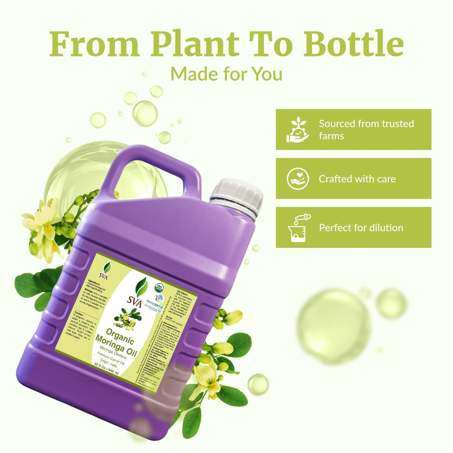 SVA Organic Moringa Seed Carrier Oil, Large Size, 32 Fl Oz (946 ml)