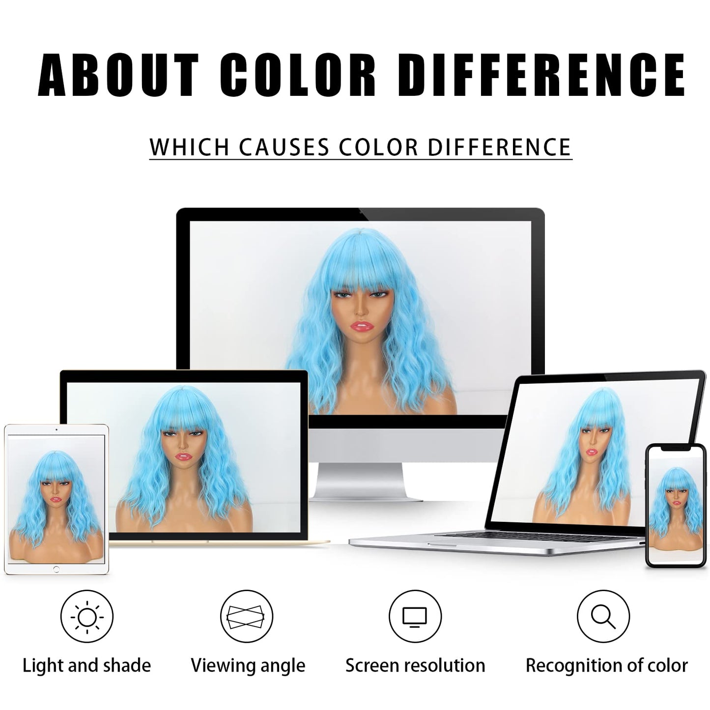 LINGHANG Short Blue Wavy Bob Wigs with Bangs for Women Loose Light Blue Wig Synthetic Shoulder Length Cosplay Wig for Girl Colorful Costume Wigs