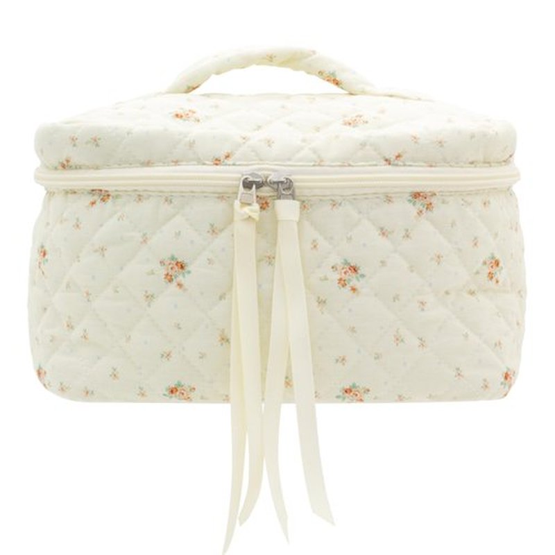 PAZIMIIK Cotton Makeup Bag for Women Large Quilted Travel Cosmetic Case Girls' Make Up Organizer,Floral White