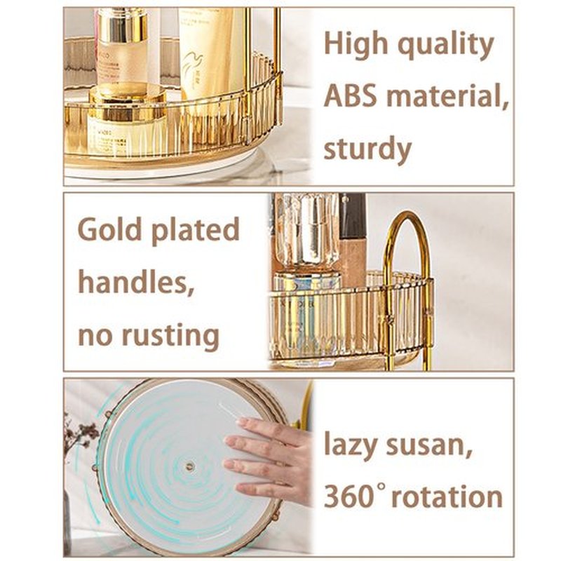 shuang qing Lazy Susan Rotating Makeup Organizer for Vanity, High-Capacity Skincare Clear Make Up Storage Perfume Organizers Cosmetic Dresser Organizer Countertop 360 Spinning（1 Tier-Gold）