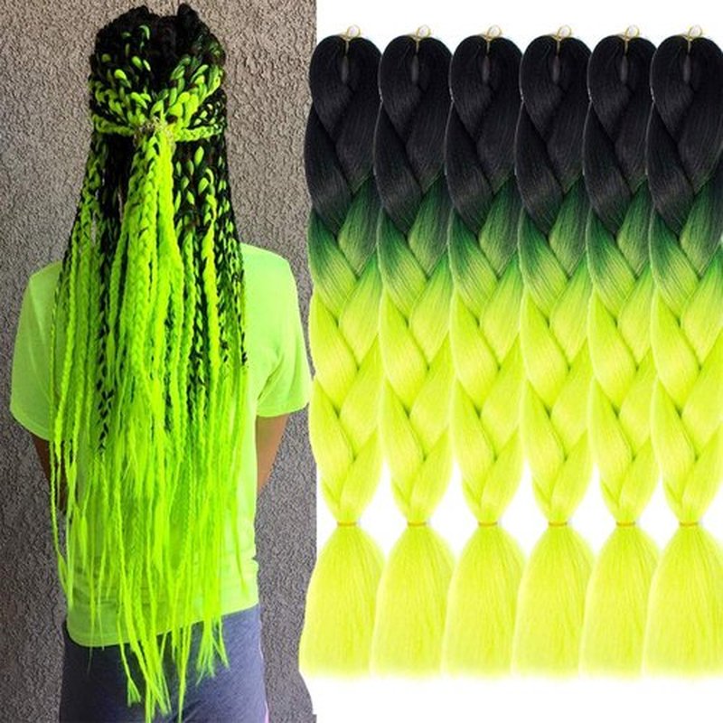 SHUOHAN 6 Packs Ombre Jumbo Braiding Hair Extensions 24 Inch High Temperature Synthetic Fiber Hair Extensions for Box Braids Braiding Hair (Black to Yellow Green)
