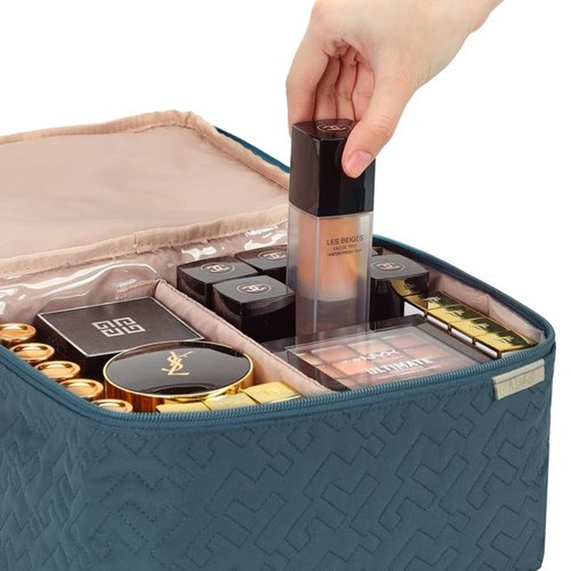 NISHEL Large Double Layer Travel Makeup Bag Women, Large Cosmetic Case, Organizer for Travel-Size Accessories Bottles, Brushes, Conditioner, and Skin Care Products, Lake Blue