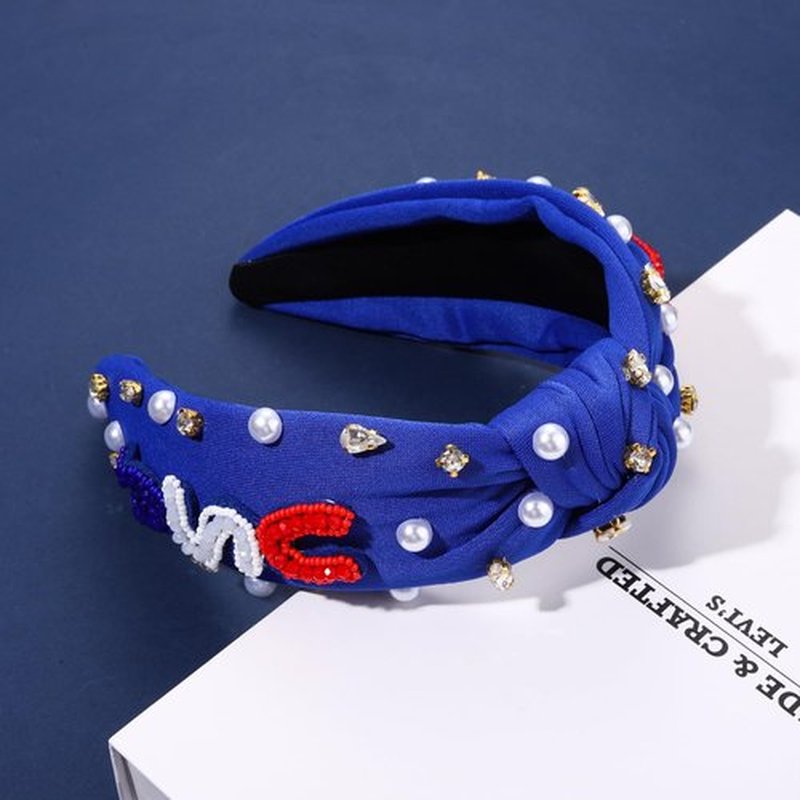 CEALXHENY Hairband, 4th of July Headbands for Women, 2PCS USA Patriotic Headbands, American Flag Accessories, Rhinestone Pearl Knotted Headbands Beads Embellished Jeweled Headbands Holiday Gifts
