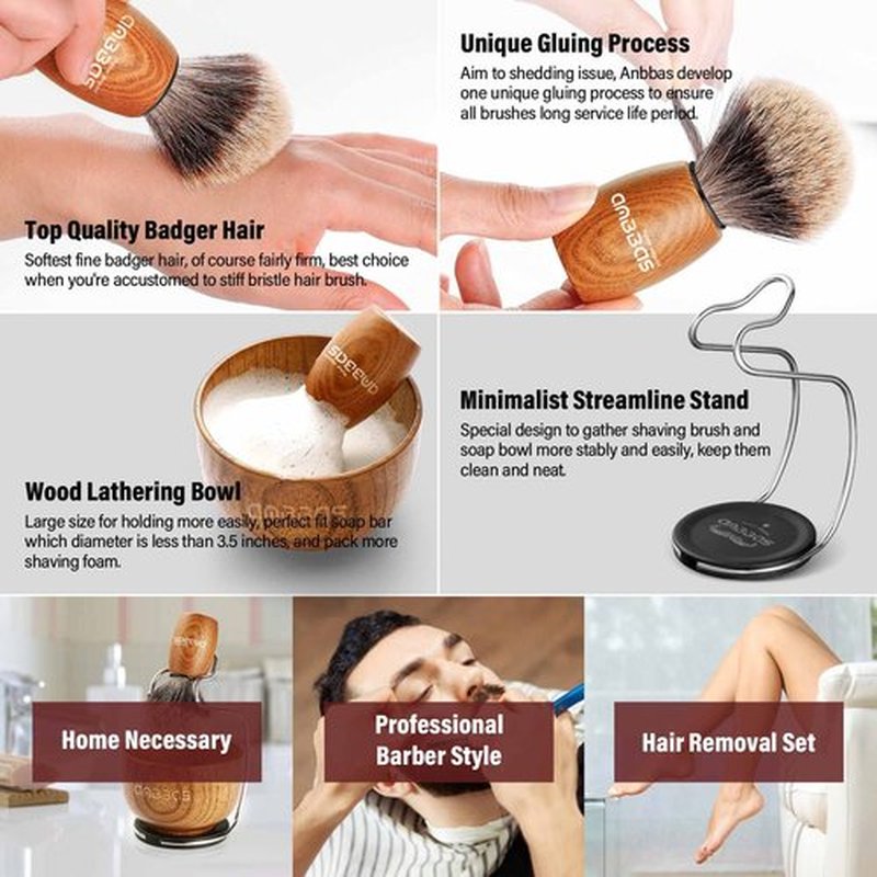 Anbbas 4in1 Shaving Set, Pure Badger Hair Shaving Brush Wood Handle and Large Soap Bowl,Stainless Steel Shaving Stand with 3.5OZ Natural Shaving Soap Puck Refill for Men