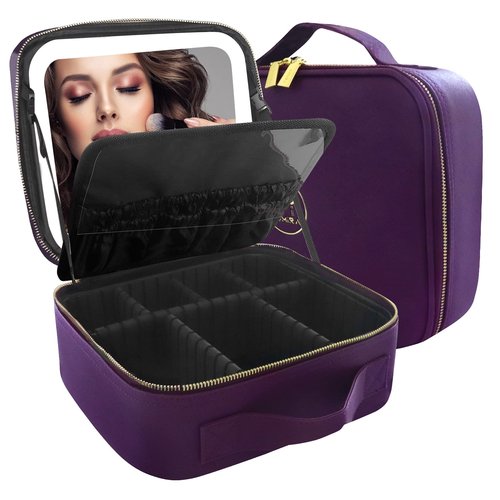 MOMIRA Makeup Bag with Mirror and Light Travel Makeup Train Case Cosmetic Bag Organizer Portable Artist Storage Bag with Adjustable Dividers Makeup Brushes Storage Organizer Deep purple
