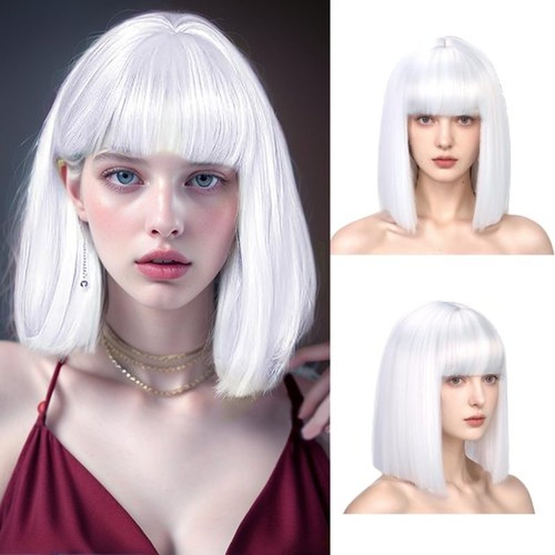 White Bob Wig with Bangs Short White Straight Wig for Women Heat Resistant Synthetic Natural Hair Wig Colorful Bob Wigs for Grils Daily Party Halloween Cosplay Use 13inch