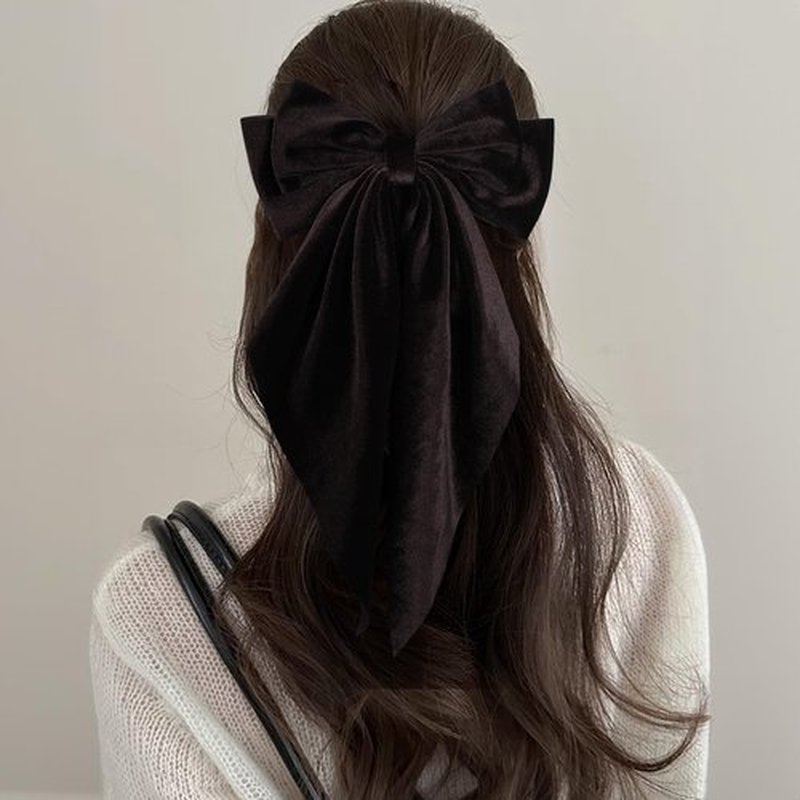 2pc Big Hair Bows for Women Girls Brown Velvet Ribbon Hair Bow Clips with Long Tail French Barrette Hair Clamps Fall Winter Ponytail Holder Decoration Accessories