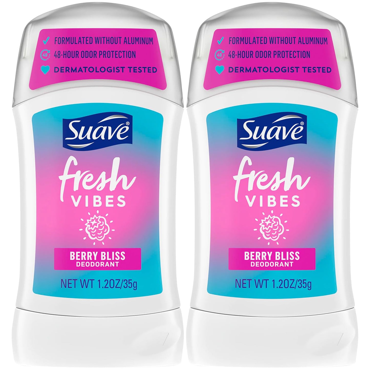 Suave Aluminum-Free Deodorant, Kids & Teen Girls – Fresh Vibes Berry Bliss 2-Pack, 48H Protection, 1.2 Oz Ea