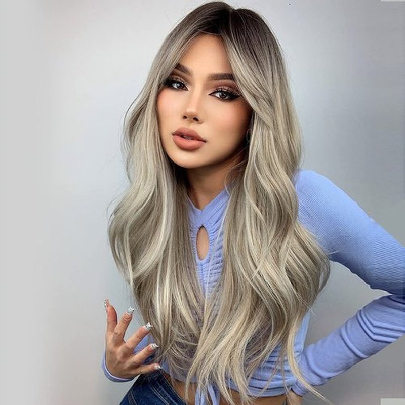 PATTNIUM Long Gray Blonde Wigs for Women Black Gray Wig Long Ombre Blonde Wigs with Bangs Cool Blonde Wigs Synthetic Wig with Wig Cap(Grey Blonde)