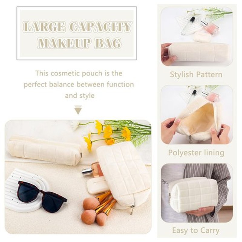 2Pcs Makeup Bag for Women Cosmetic Pouch Travel Small Cosmetic Bag Set Cute Plush White Makeup Pouch Purse Portable Travel Makeup Bag Zippered Toiletry Bag Organizer Trendy Makeup Brushes Storage Bag