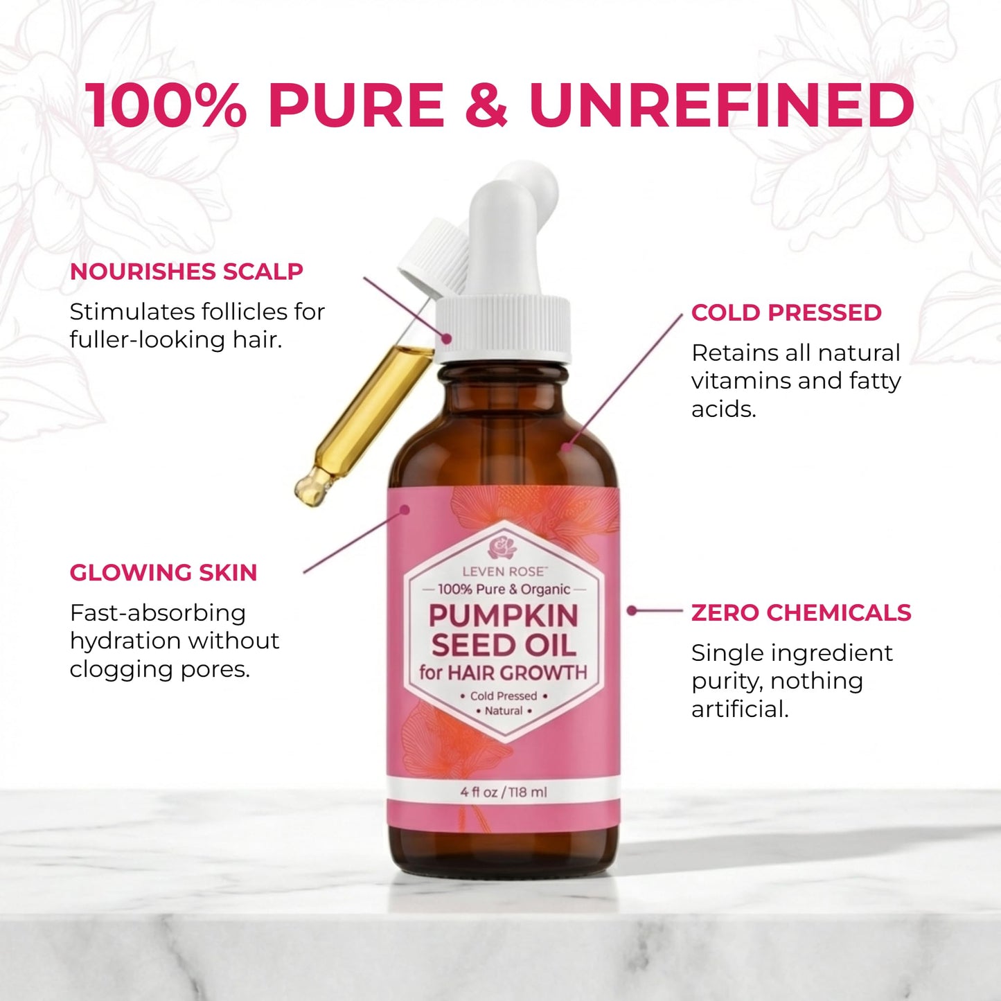 Leven Rose Organic Pumpkin Seed Oil, 4 oz, Pure Cold Pressed Unrefined Hexane Free Oil for Hair Growth, Scalp, Skin and Face, Made in USA with USA Grown Seeds