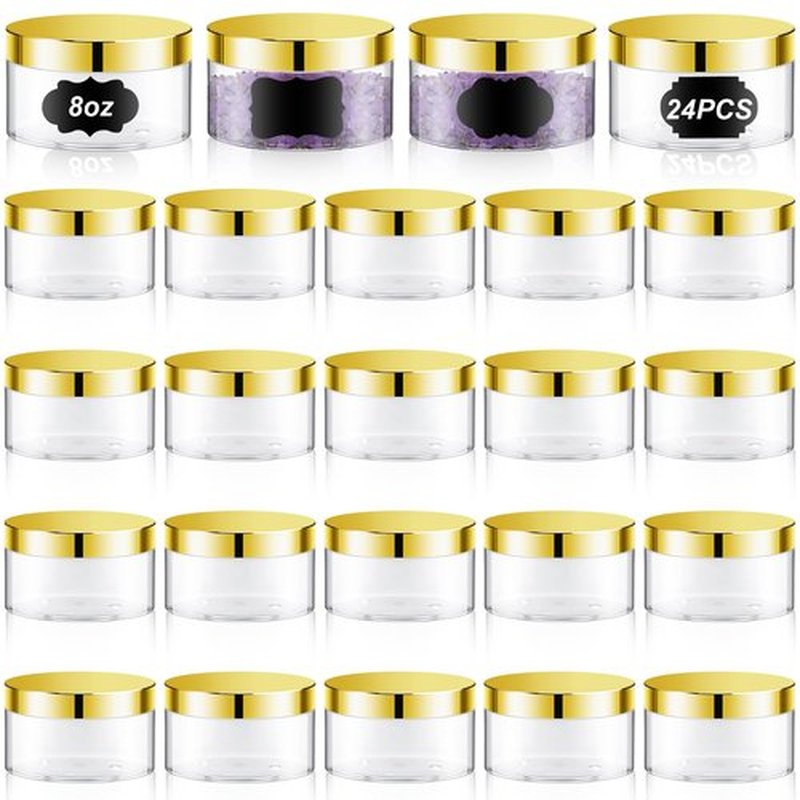 Dandat 24 Pcs Plastic Jars with Lid and Label PET Cosmetic Containers Leak Proof Empty Cosmetic Jars Refillable Storage Travel Jars for Lotion Cream Gel Powder Ointment(Clear with Gold Lid,8 oz)