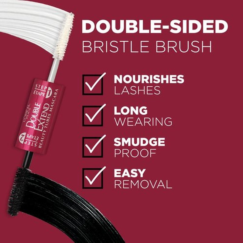 L'Oreal Paris Makeup Double Extend Tubing Mascara, Lengthening 2 Step Mascara, Smudgeproof, Black, Pack of 2