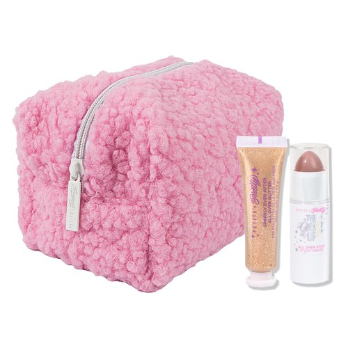 Petite N Pretty Glitter Makeup Set - Shimmering Glitter for Eyes, Cheeks, and Body - Glow Up Stick & All-Over Glitter in Pink Sherpa Bag for Kids, Teens, and Tweens (Bronze)