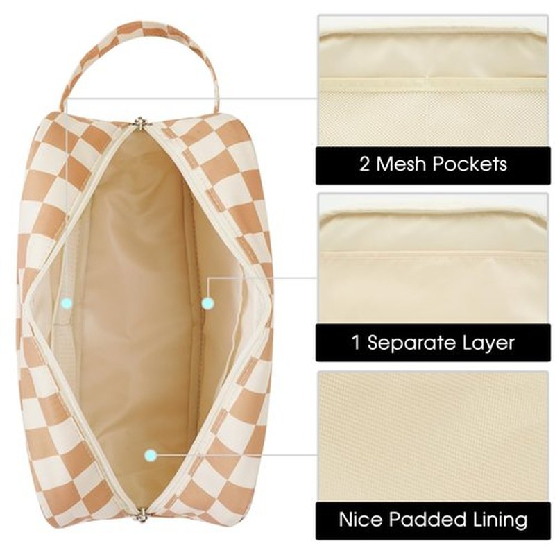 Narwey Travel Toiletry Bag for Women Traveling Dopp Kit Checkered Makeup Bag Organizer for Toiletries Accessories Cosmetics (Light Brown Checkerboard)