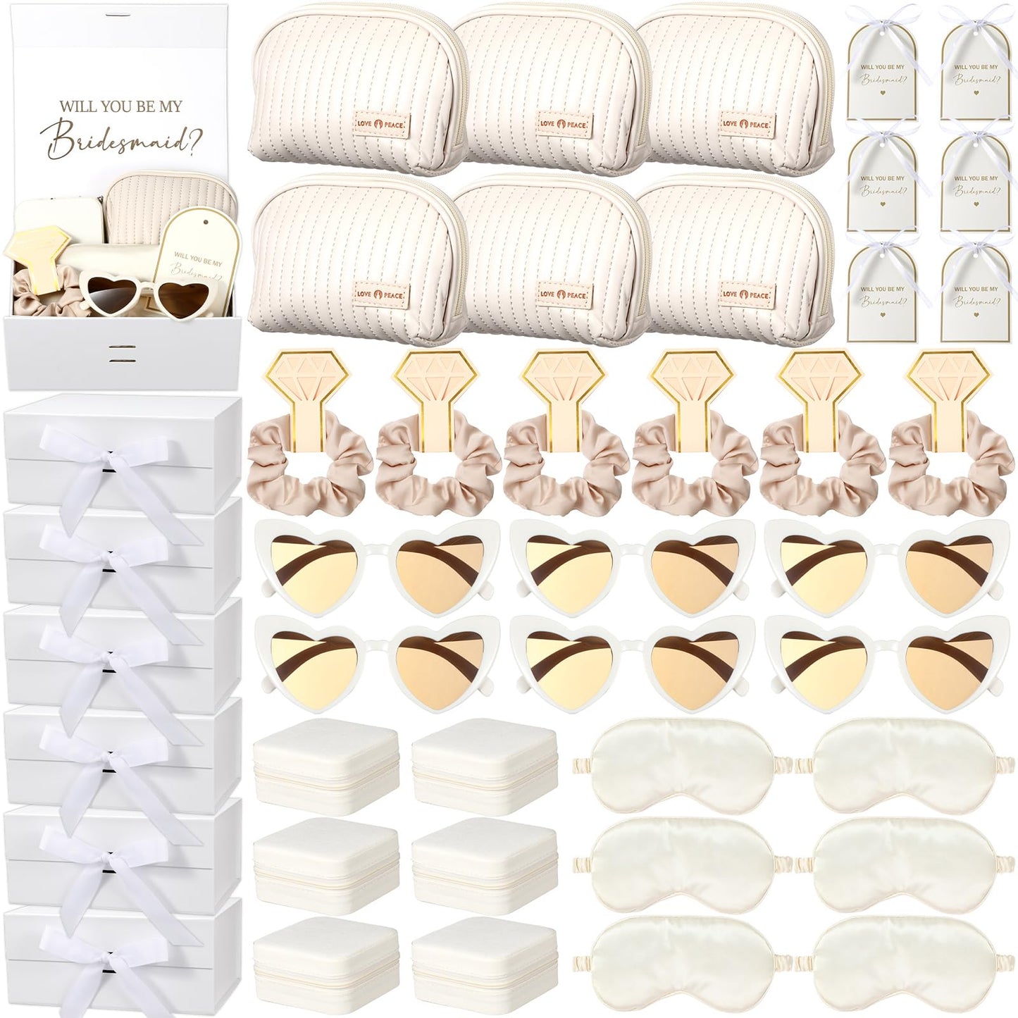 43 Pcs Bridesmaid Proposal Gifts Set of 6 Bridesmaid Boxes Bulk Will You Be My Maid of Honor Gift with Makeup Bag Case Eye Mask Glasses Hair Scrunchies Gift Box for Wedding Bride Shower(Beige)