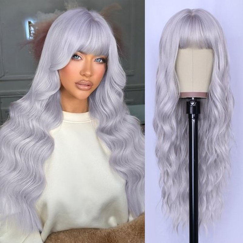 NAYOO Gray Wigs with Bangs for Women Long Curly Wavy Hair Wigs Heat Resistant Synthetic Fiber Wigs for Daily Party Use 26 Inches (Silver Gray)