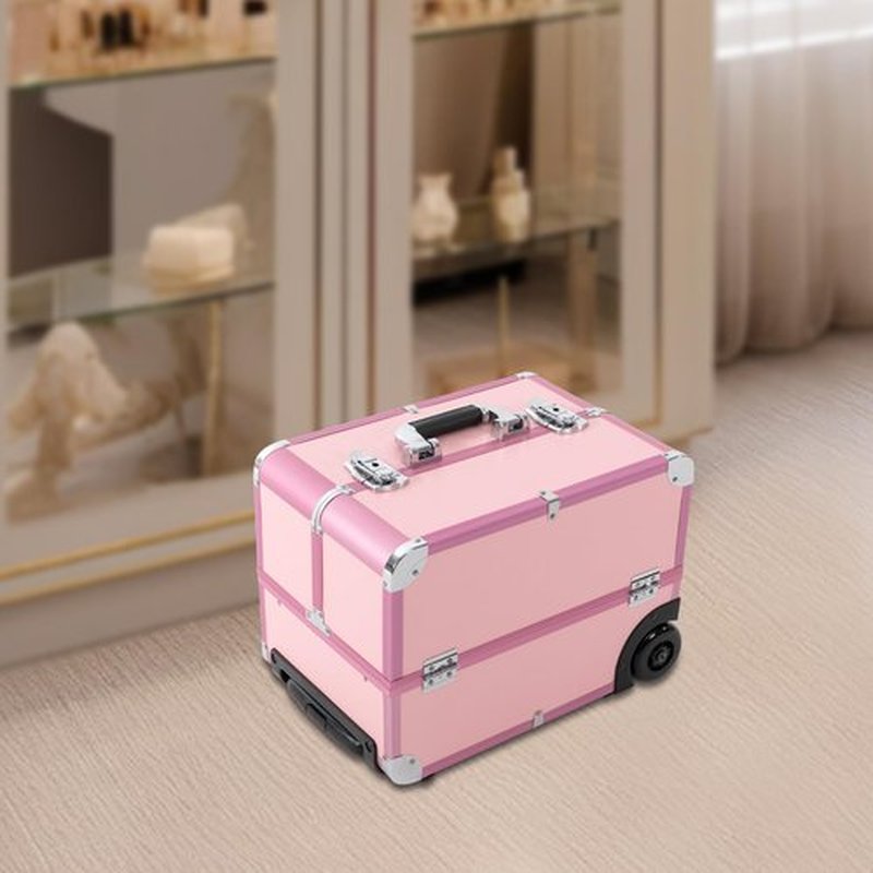 Lockable Makeup Train Case with 6 Trays, Multi-layer Rolling Cosmetic Storage Trolley, Professional Cosmetology Travel Box on Wheels for Nail Tech Salon Hair Stylists, Aluminum Alloy, PU (Pink)
