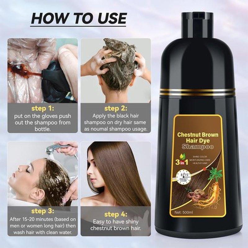 JIESSIA Chestnut Brown Hair Dye Shampoo 3 IN 1, Hair Color Shampoo for Gray Hair Coverage For Women & Men Natural Herbal Plant Semi Permanent Grey Hair Cover Treated, 16.9 Fl Oz