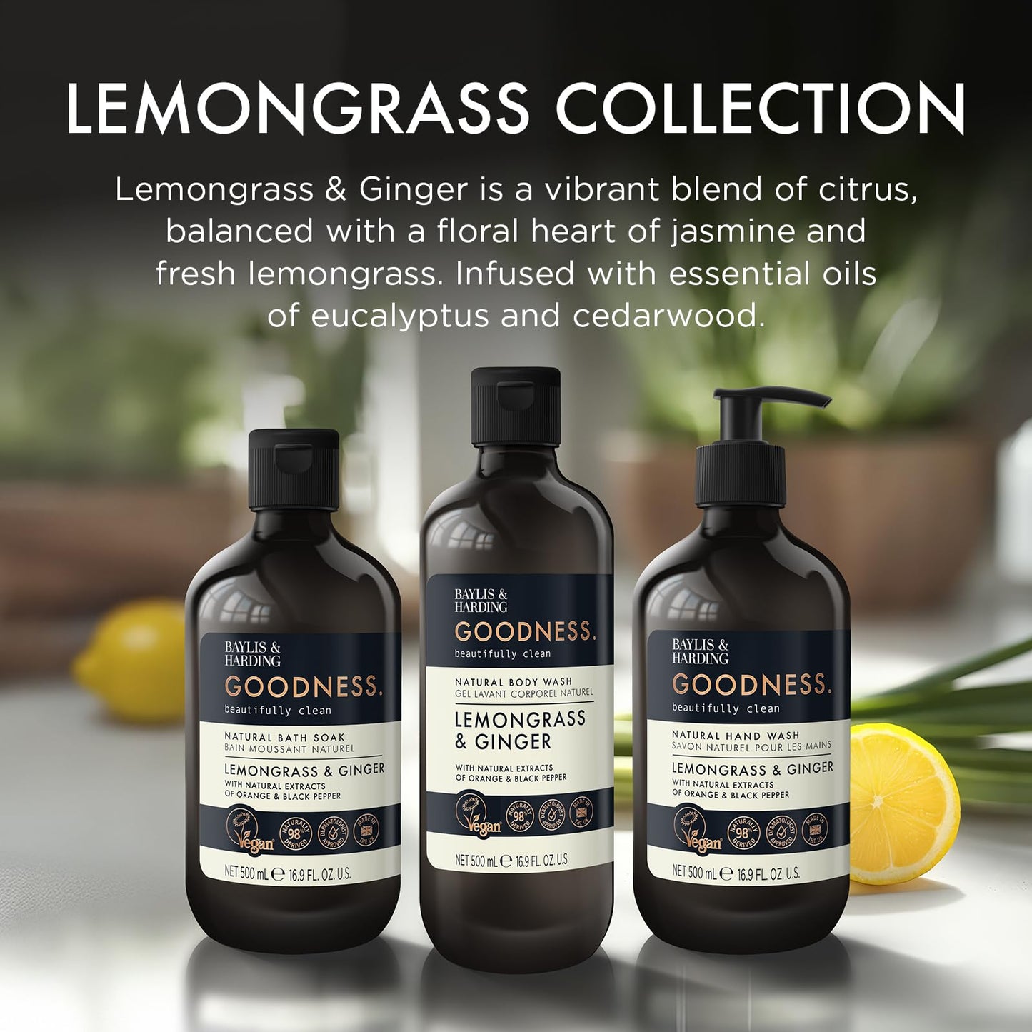 Baylis & Harding Liquid Hand Soap Wash with Dispenser, Goodness, Lemongrass & Ginger, 16.9oz/500ml (3-Pack)