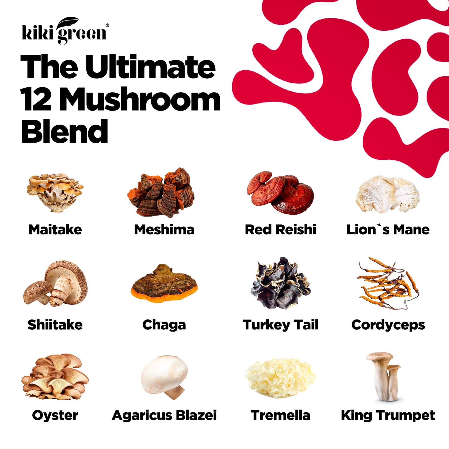 KIKI Green 12 Mushroom Supplement Gummies - Lion's Mane, Cordyceps, Chaga, Reishi, Turkey Tail & 7 More for Memory, Focus, Immunity - 60 Mushroom Gummies for Adults with Raspberry Flavor 10:1 Extract
