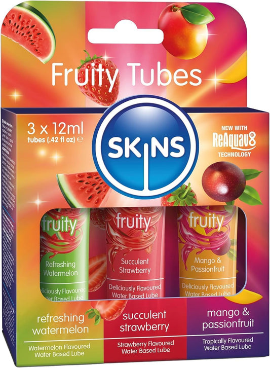 SKINS Flavored Lube Set - 3 Fruity Edible Water-Based Lubricants for Oral & Intercourse | Watermelon, Strawberry, Mango & Passionfruit