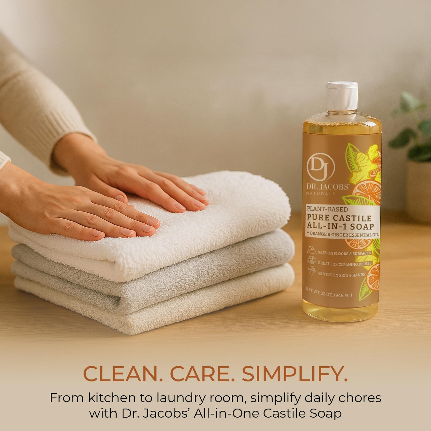 Dr. Jacobs Naturals Orange & Ginger Castile All-In-One Cleaner and Soap - Plant-Based Formula for House Cleaning Floors and Appliances - Gentle on Skin and the Planet - 32 oz, 1 Pack