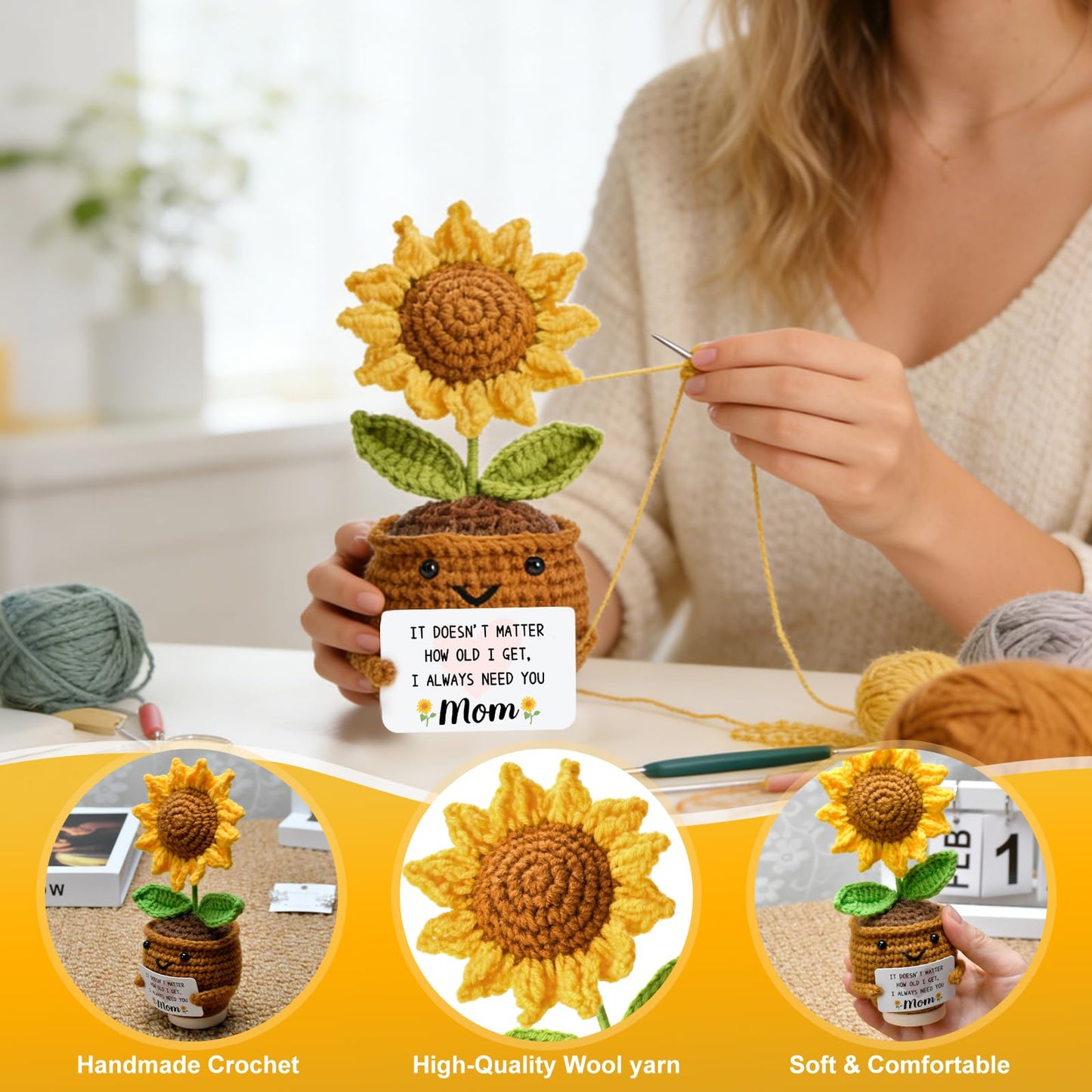 OEAGO Gifts for Mom Mothers Day: from Daughter Son Kids Mini Gifts for Mom Mama Handmade Crochet Cute Small Sunflowe Doll Gift with Base Birthday Present Idea for Mother Knitted Decor 6.69 x 2.75inch
