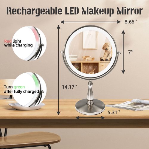 WIZCHARK 9" Large Vanity Mirror with Lights, 1X/10X Magnifying Makeup Mirror with Lighting, 3 Colors Brightness Adjustable, 360°Rotation Double Sided Standing Desk Mirror Brush Nickle