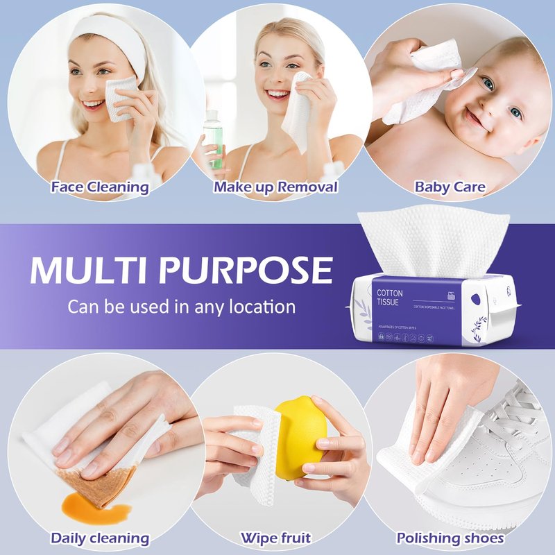 Disposable Face Towels - 200 Count Soft Cotton Dry Wipes | Ideal for Cleansing, Skincare & Makeup Removal