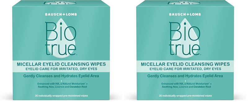 Biotrue Micellar Eyelid Cleansing Wipes - Fragrance-Free Hydrating Eye Care | 30 Count (Pack of 2)