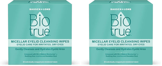 Biotrue Micellar Eyelid Cleansing Wipes - Fragrance-Free Hydrating Eye Care | 30 Count (Pack of 2)