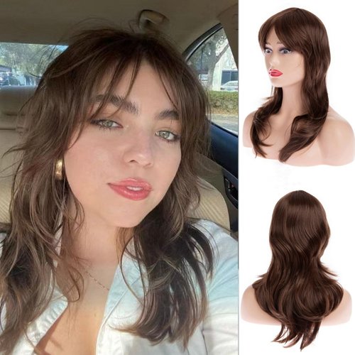 Wiwige long Wavy Brown Wig with Bangs for Women Heat Resistant Synthetic Hair Wigs for Daily Use,Brown