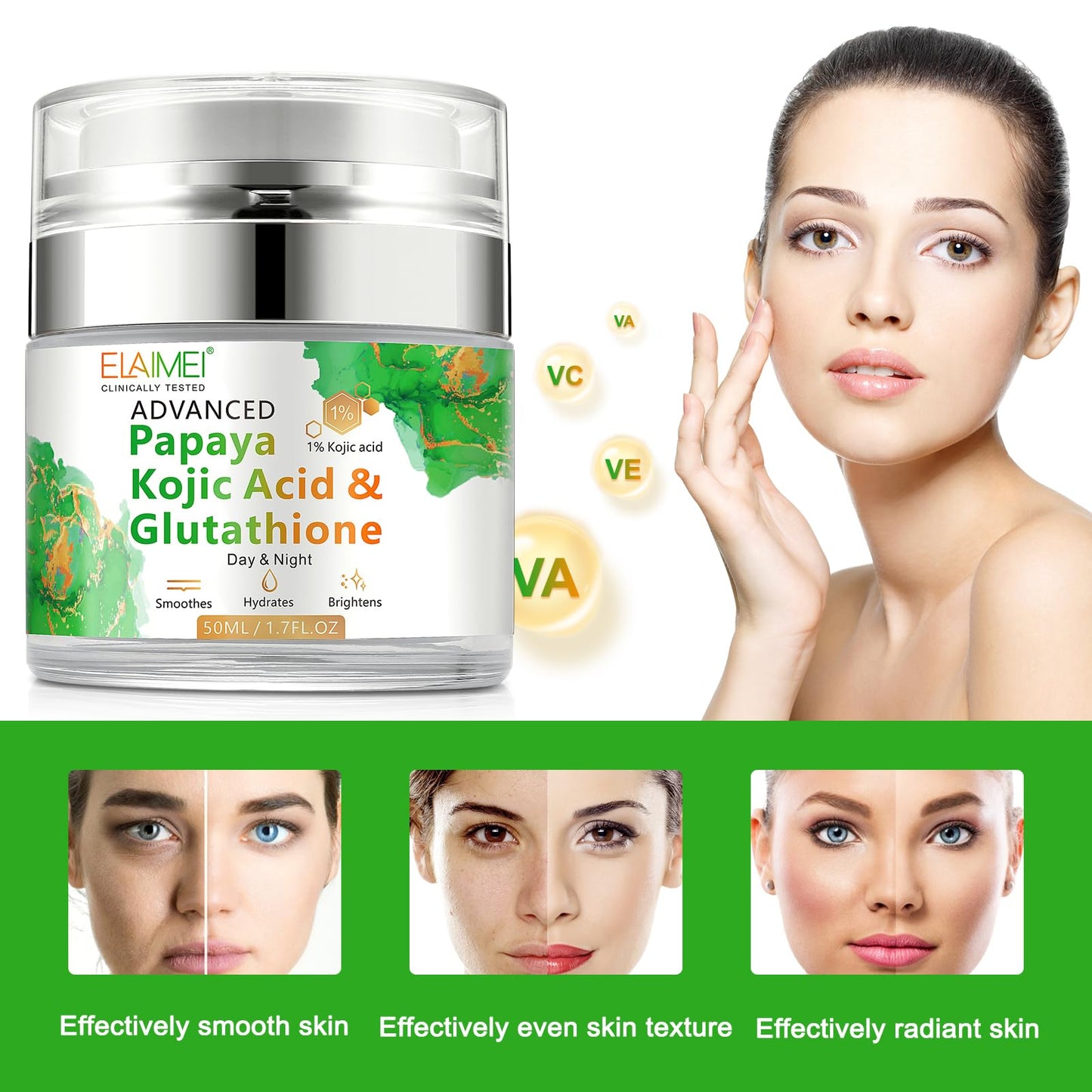 TEEROVA Papaya Cream, Anti-aging Hydrating Natural Formula with Glutathione for Nourishing Dry Skin, Day & Night Face Moisturizer 50ML