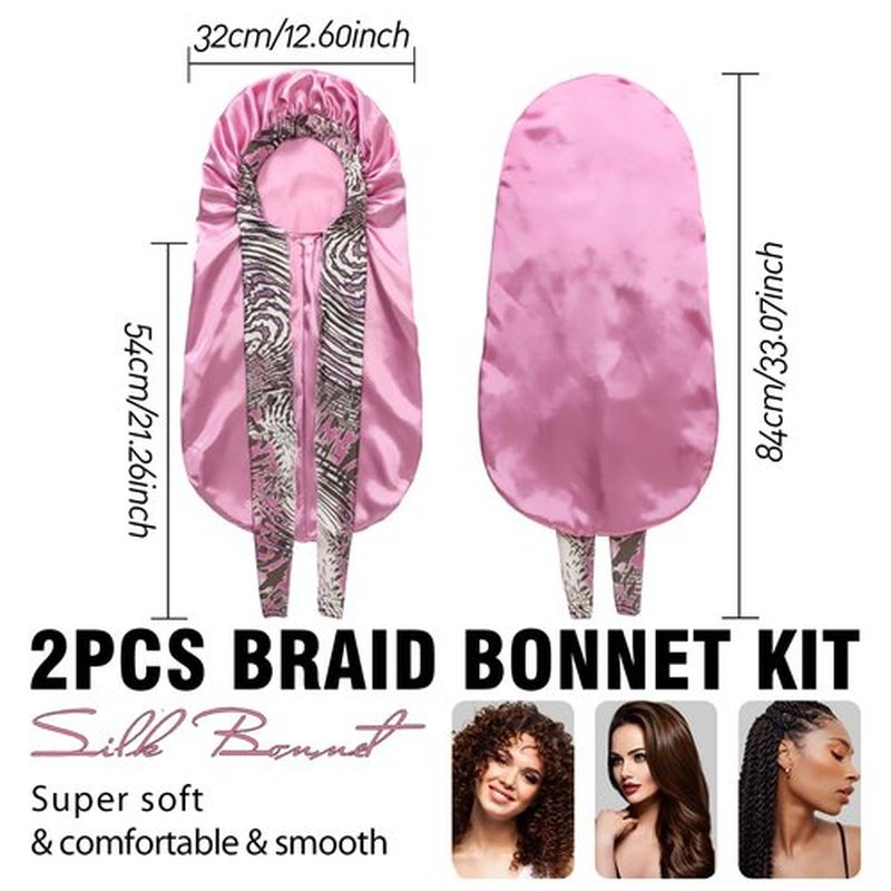 2Pack Bonnets for Black Women Braid Bonnet, Large Long Bonnet Satin Bonnet for Braids,Black Women Silk Bonnet with Stretchy Tie Band Braid Bonnet for Sleeping Extra Long (Black&Pink Pattern)