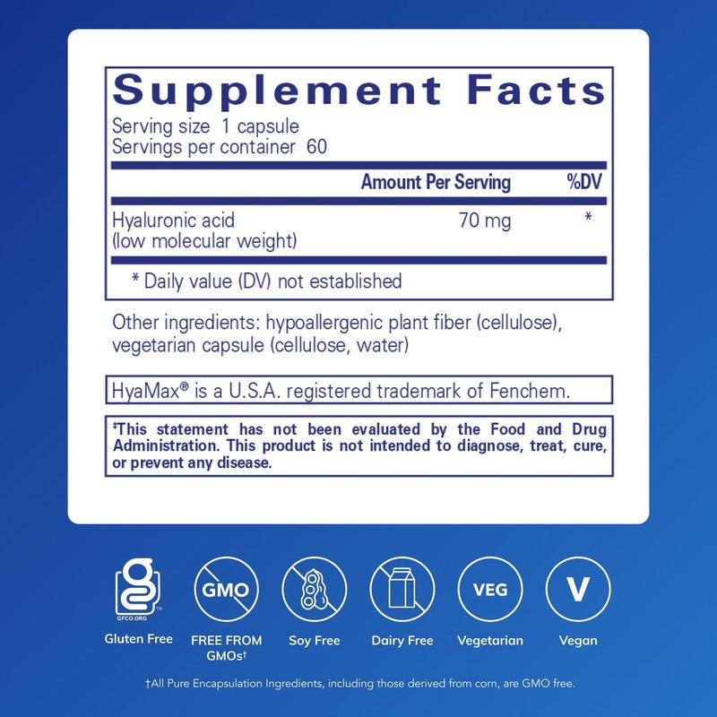 Pure Encapsulations Hyaluronic Acid - for Skin Hydration, Joint Lubrication & Joint Health* - Effective Absorption - Gluten Free - Vegan & Non-GMO - 60 Capsules